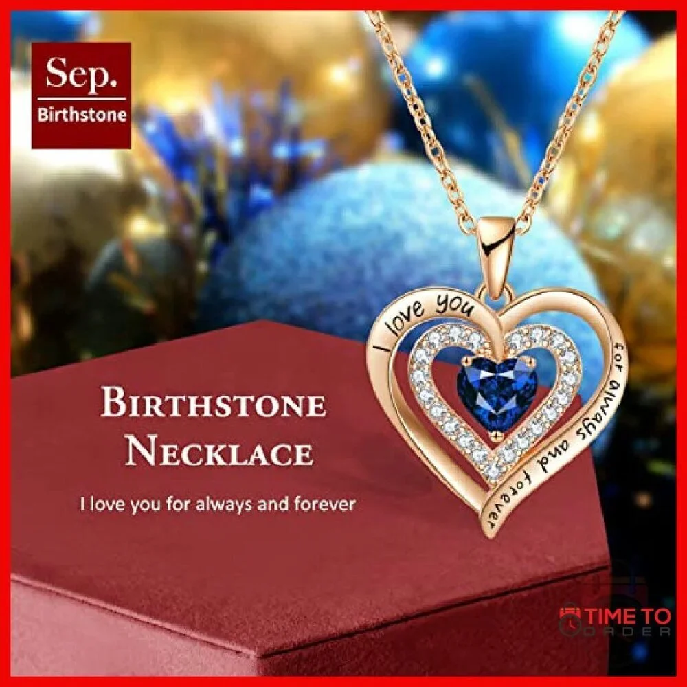 Sterling Silver Double Heart Birthstone Necklace 18+10 Inch